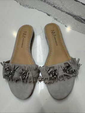 Neiman Marcus Light Gray Suede Fringe Slide Sandals with Silver Chain Detail